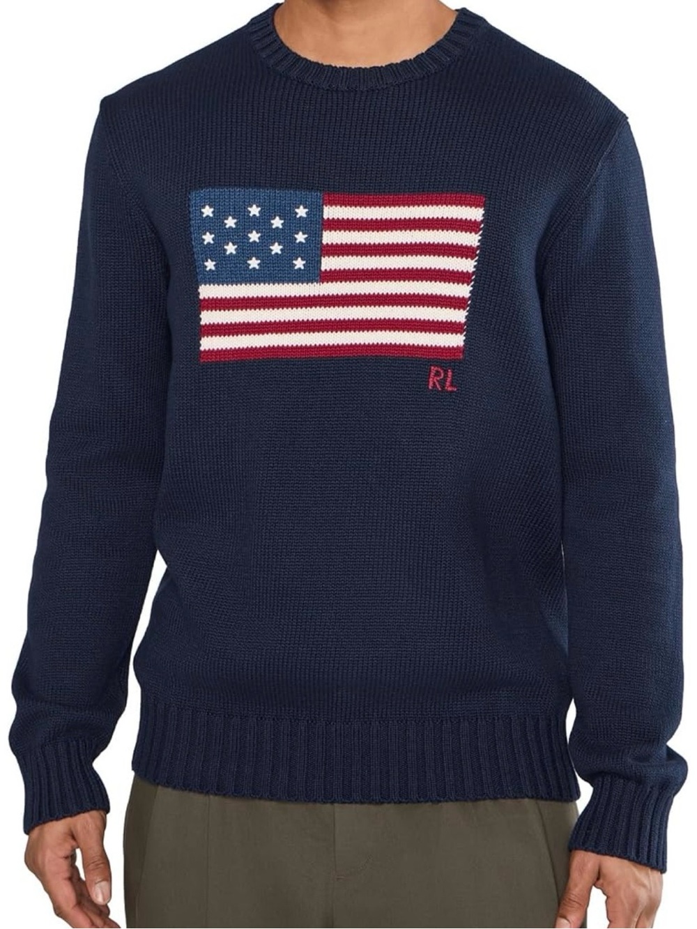 Polo by Ralph Lauren Navy Crewneck Sweater with Red, White & Blue Flag